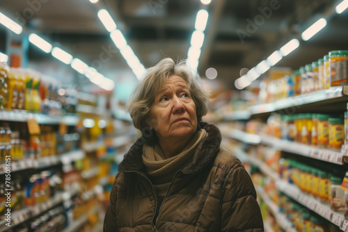 A poor senior woman stands in the canned goods, she calculates the price of each item