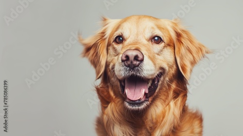 Happy Golden Retriever dog with a vibrant smile on a light grey background. Studio pet portrait with copy space