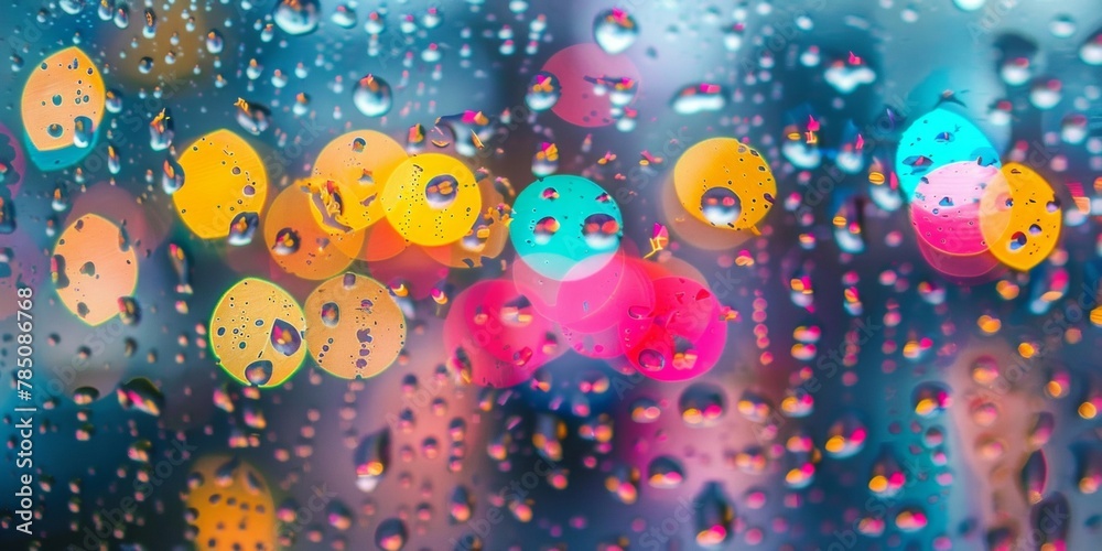 Vibrant circular bokeh lights visible through raindrops on a glass surface, creating a beautiful abstract pattern.
