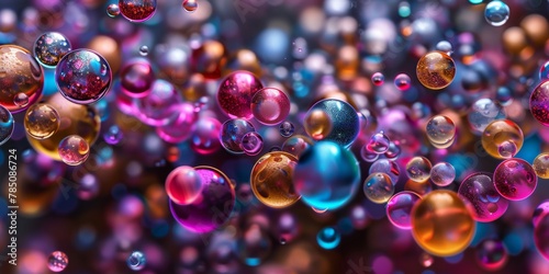 Vibrant bubbles floating with reflections in a dreamy, abstract setting.