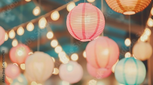 Illuminated colorful paper lanterns hanging at an outdoor evening event. © tashechka