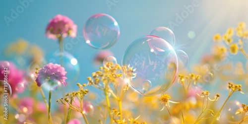 Transparent bubbles floating over vibrant spring flowers under a sunny blue sky.