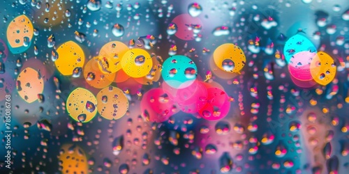 Vibrant circular bokeh lights visible through raindrops on a glass surface  creating a beautiful abstract pattern.