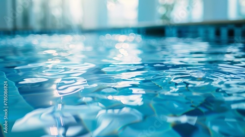 Close-up of tranquil blue water in a serene swimming pool, reflecting light. © tashechka