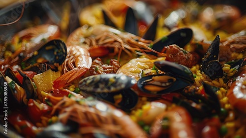 Seafood paella closeup. Generative AI