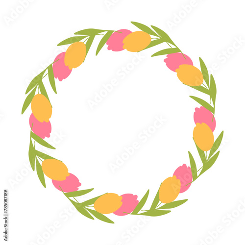 Spring wreath of tulips.Frame for text.Vector hand drawn illustration.