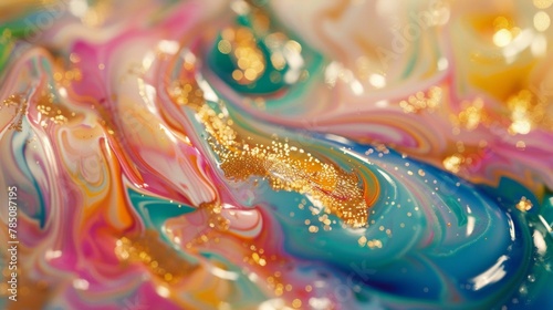 Close-up of vibrant swirl patterns with shimmering gold accents for artistic backgrounds.
