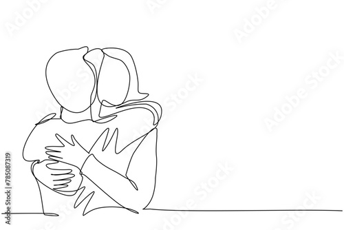 one line drawing	a man hugs a woman. husband hugs his wife. hug each other men and women. handsome man hugging beautiful woman. hugging in public. hug for joy. hug for success in his accomplishments. 