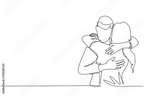 A single continuous line, illustrating	a woman hugs a man. husband hugs his wife. hug each other men and women. handsome man hugging beautiful woman. hugging in public. hug for joy. hug for success in