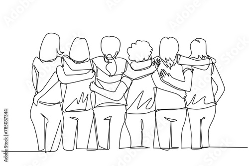 one line drawing	6 women standing in line to the side hugging each other's shoulders or waist. pose before a volleyball match. woman's family photo. college friend's photo. coworker's photo. group pho