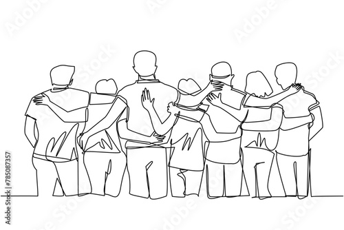 A single continuous line, illustrating	3 men and 3 women stand in a row alternately to the side while hugging the shoulder or waist of the person next to them. 3 married couples. photo with office mat