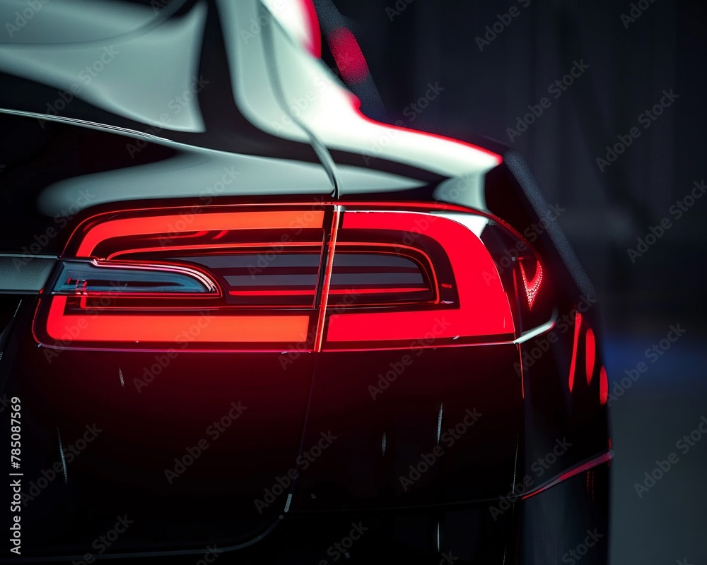 close up of the tail light from behind of an electric car, dark background, studio photography, moody lighting, red lights