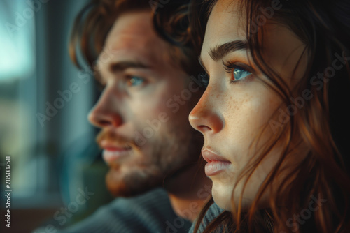 A close-up photo capturing a pensive young couple looking away thoughtfully, with sharp focus on their profiles. AI Generated