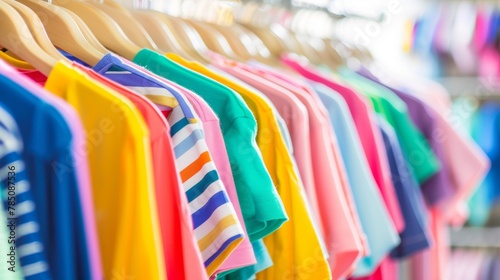 Assortment of colorful clothes on hangers in a bright retail shop.
