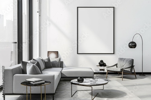 Mock-up poster frame in living room background, Scandi-Boho style, 3d render. Beautiful simple AI generated image in 4K, unique.