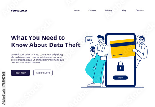 A cyber thief steals data, personal information, and passwords from a smartphone. Low cyber security. Vector flat illustration for web page, app, or blog.