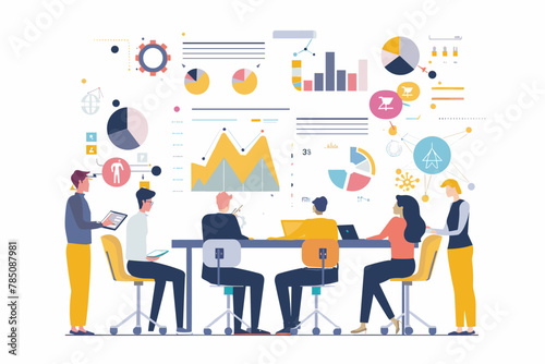 Business team brainstorming digital marketing strategies, analyzing data insights for content planning and online growth, flat vector illustration concept