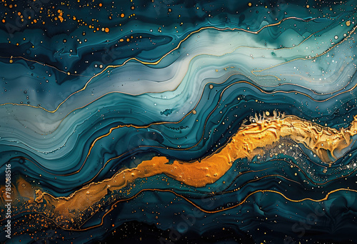 A dark teal and black swirling galaxy with golden stardust, creating an abstract background with cosmic elements. Created with Ai
