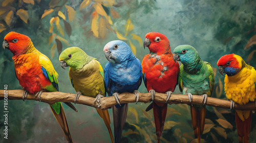 Colorful Parrots Perched on Branch