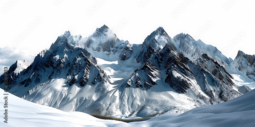Isolated winter mountain landscape with cutout and clipping path choices on a white backdrop.