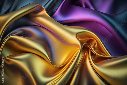 Gold neon abstract shiny plastic silk or satin wavy background.