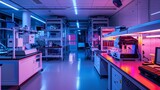 A high-tech laboratory where researchers are developing new materials, their work illuminated by the soft glow of futuristic equipment, representing the cutting edge of industrial innovation.