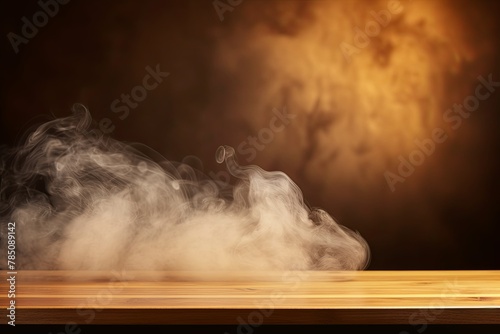 gold background with a wooden table and smoke. Space for product presentation, studio shot, photorealistic, high resolution