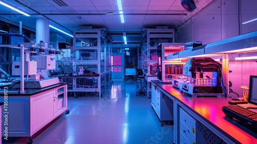 A high-tech laboratory where researchers are developing new materials, their work illuminated by the soft glow of futuristic equipment, representing the cutting edge of industrial innovation.