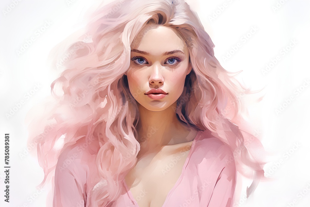 Beautiful girl with pink hair. Portrait of a beautiful woman with long curly hair.