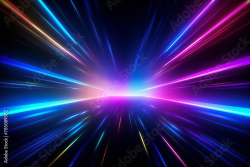 Motion speed neon light tunnel or corridor. Futuristic laser cyberspace perspective background.