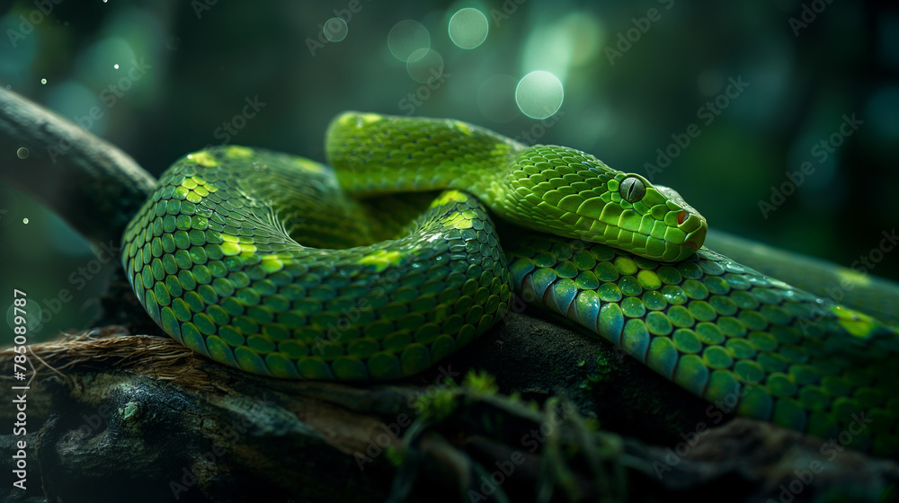 Naklejka premium Green Pit Viper Snake Coiled on Branch