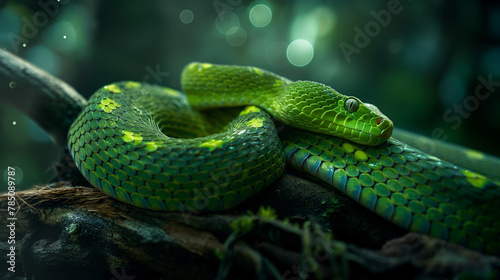 Green Pit Viper Snake Coiled on Branch