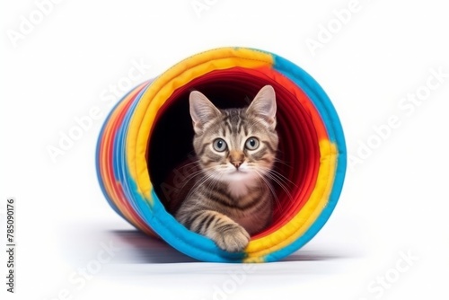 Playing cat in colorful tunnel or tube. Isolated on white background. 