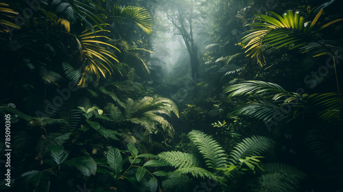 Lush Tropical Forest with Sunlight Filtering Through Foliage