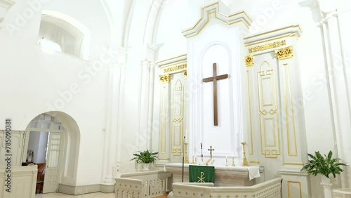 Front alter and cross inside Lutheran temple in Europe. Slow tracking. photo