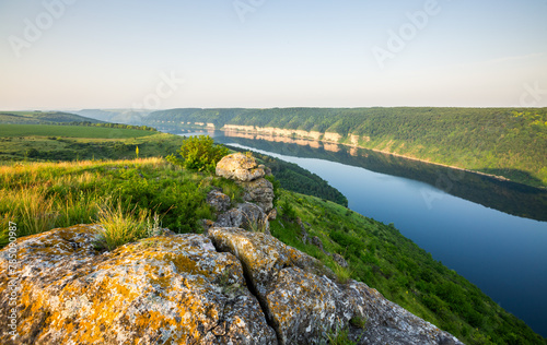 The view from the top of the great Dniester river that flows through the hilly area. Ukraine.