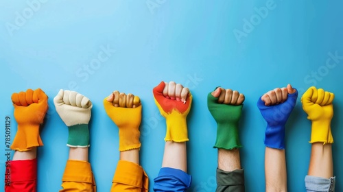 Raised fists in colorful gloves on blue background. Unity and strength concept