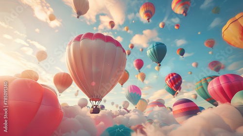 Beautiful multicolored air balloons flying in cloudy blue sky