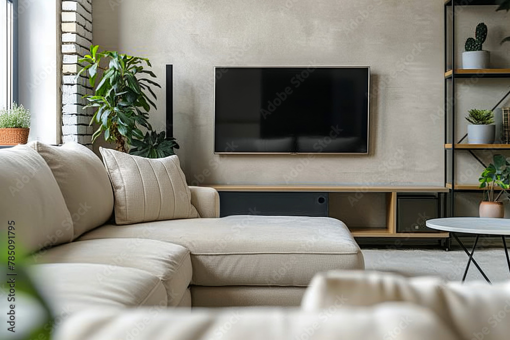A contemporary living room showcasing a comfortable plush sofa, a sleek mounted television, and elegant houseplants, creating a chic and homely atmosphere.