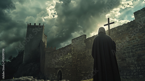 Solemn Monk at Medieval Fortress. A figure in a dark cassock, bearing a cross, stands before an ancient stone fortress under a tumultuous sky, evoking a sense of historical depth and spiritual solemni