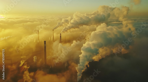 A golden sunrise illuminates a vast industrial landscape where numerous smokestacks release plumes into the sky, painting a thought-provoking scene on environmental impact.