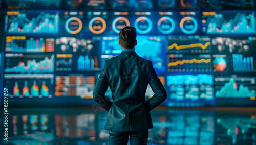 Businessman Analyzing Data on Large Digital Screens. Back view of a businessman in a suit, standing and contemplating complex data visualizations displayed across expansive digital screens.