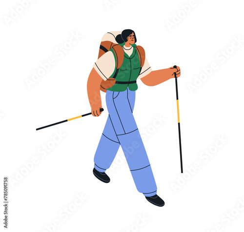 Woman hiker trekking with backpack and walking sticks. Happy tourist going. Female backpacker, climber, explorer in travel, outdoor adventure. Flat vector illustration isolated on white background