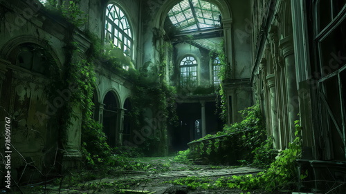 Abandoned palace castle overgrown with vegetation, ivy and vines. Empty atrium halls, no one around. Building is captured by nature and vegetation