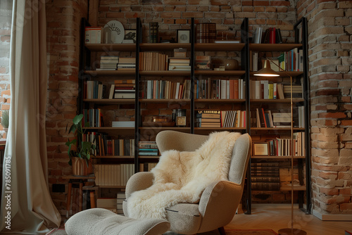 A snug and inviting reading nook with a comfortable chair adorned with a soft fur throw, surrounded by wooden bookshelves filled with books against an exposed brick wall. photo
