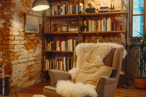 This snug reading nook, with a comfy armchair and plush throws, invites relaxation against a backdrop of a rustic brick wall and a warmly lit bookshelf full of books photo