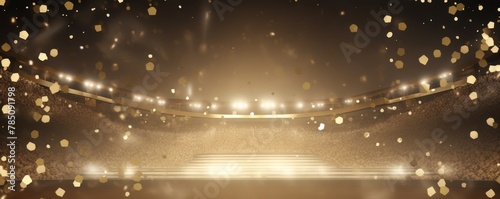Beige background, lights and golden confetti on the beige background, football stadium with spotlights, banner for sports events