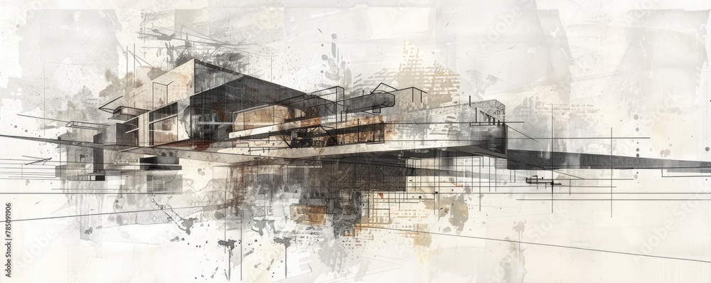 Monochromatic sketch showing a dynamic and abstract design of an architectural structure with expressive strokes.
