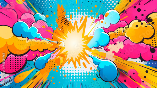 Colorful pop art comic background with explosive bubbles and dots.  © henjon
