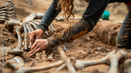 Archaeologist excavating human skull at dig site.